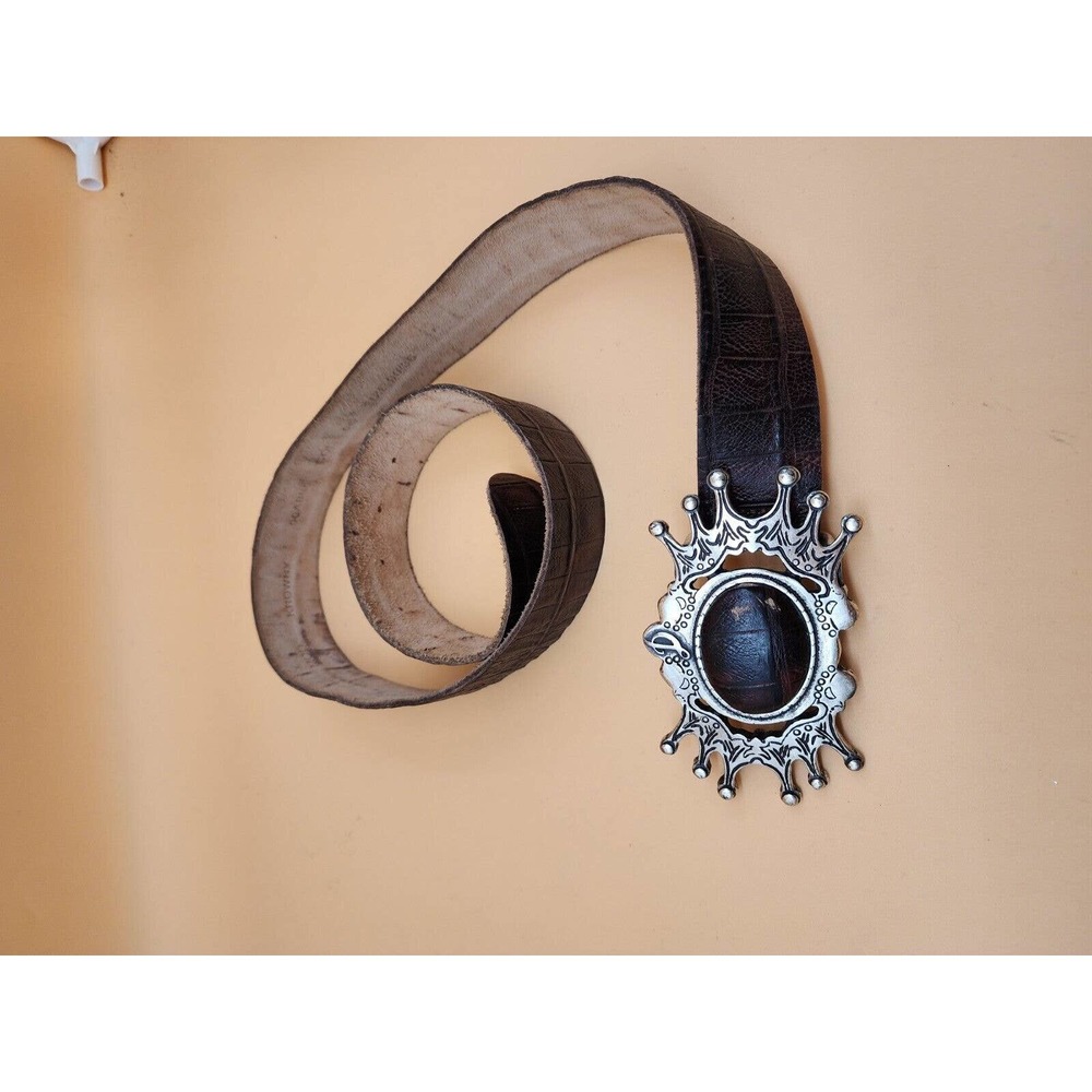 Diesal Mod Krowny Leather Belt Size 36 Brown Italy Embossed Crown y2k